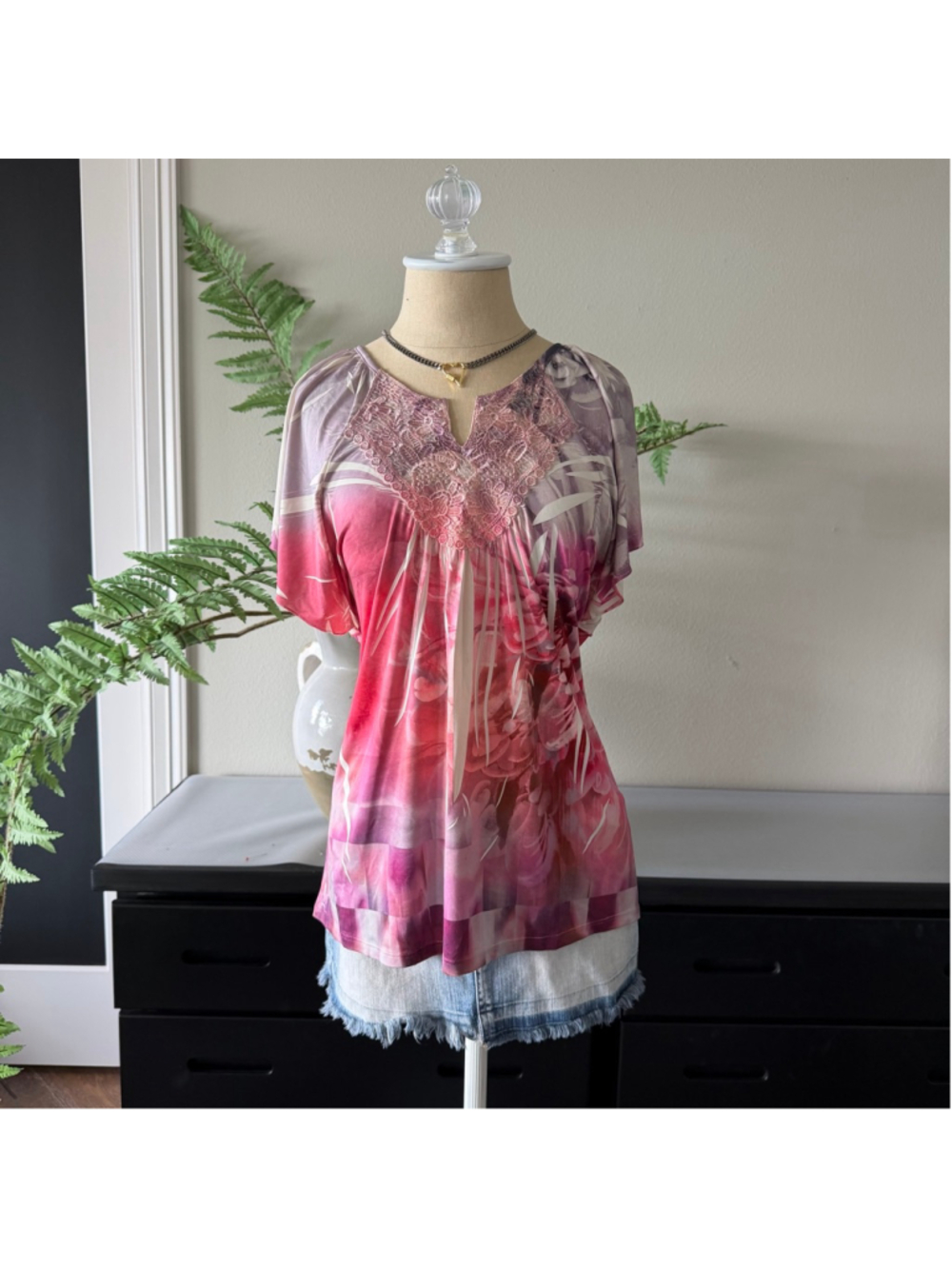 Oneworld Whimsy Fairycore Pink Purple Blouse Short Sleeve Size M